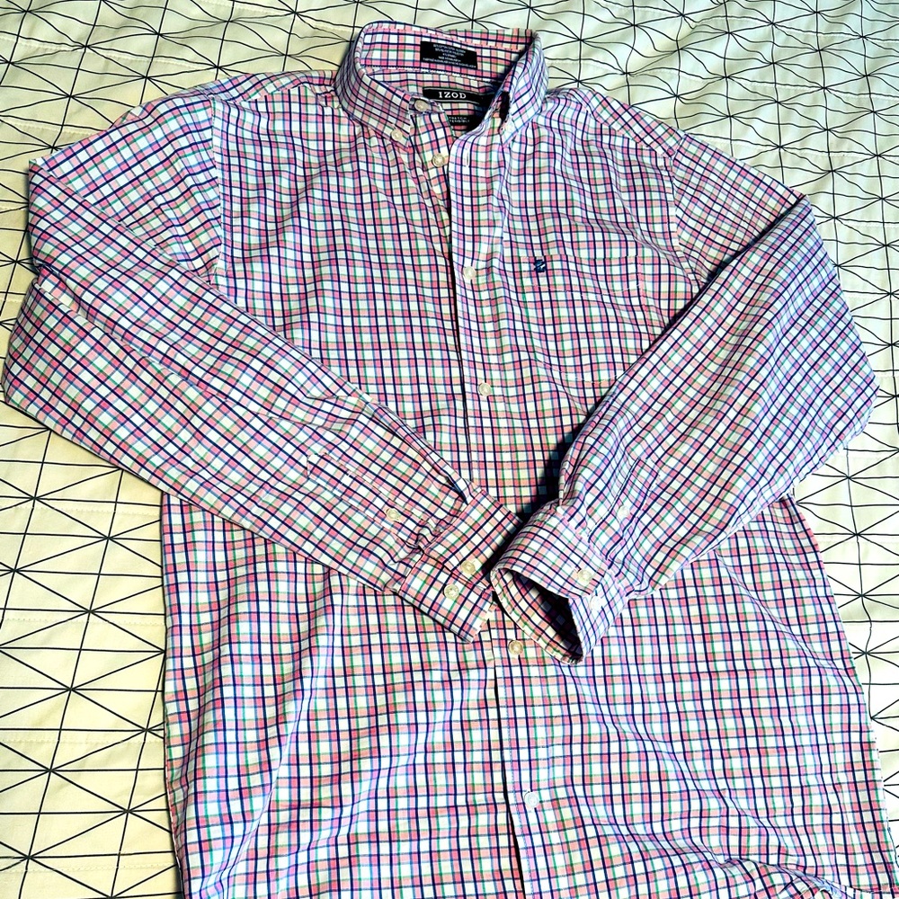Boys Izod Pink and white check dress shirt, like NEW!! Size xl 18-20
